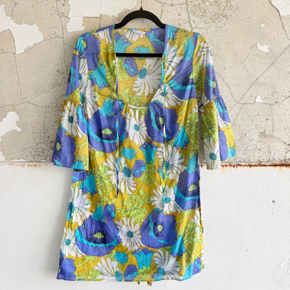Trina Turk Tunic Dress Retro Floral Bell Sleeve Mod Mini 60s Swim Beach Cover Up